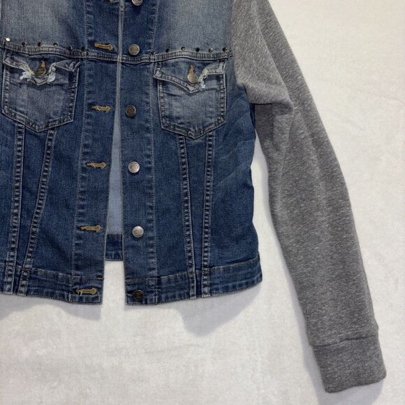 John Eshaya JET Blue Denim Gray Knit Sleeve Jean Jacket Women's Size M/L - Picture 6 of 15